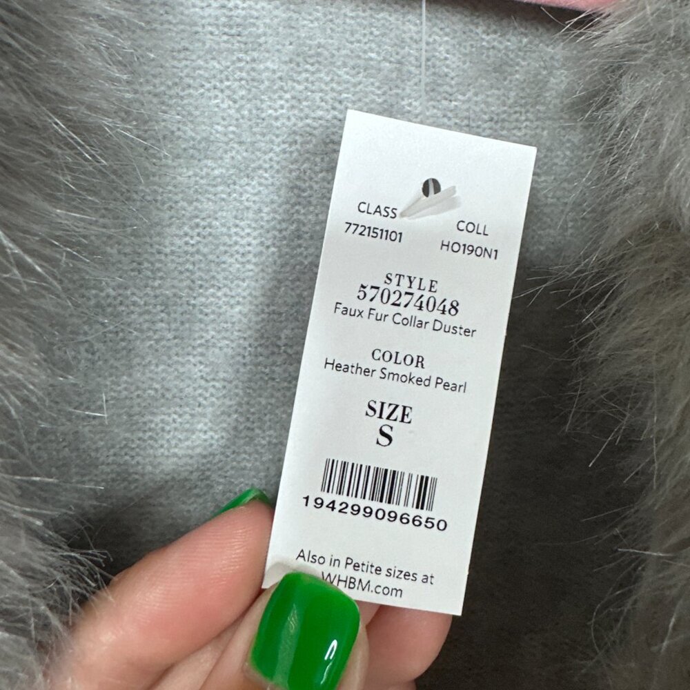 NWT White House Black Market Faux Fur Collar Duster Heather Smoked Pearl #A1651 - Picture 8 of 10